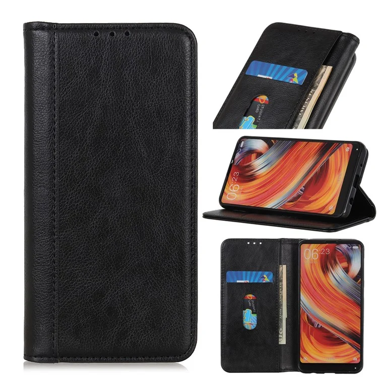 Litchi Texture Auto-absorbed Anti-drop Well-protected Split Leather Phone Cover Case with Wallet Stand for Xiaomi 11T/11T Pro - Black