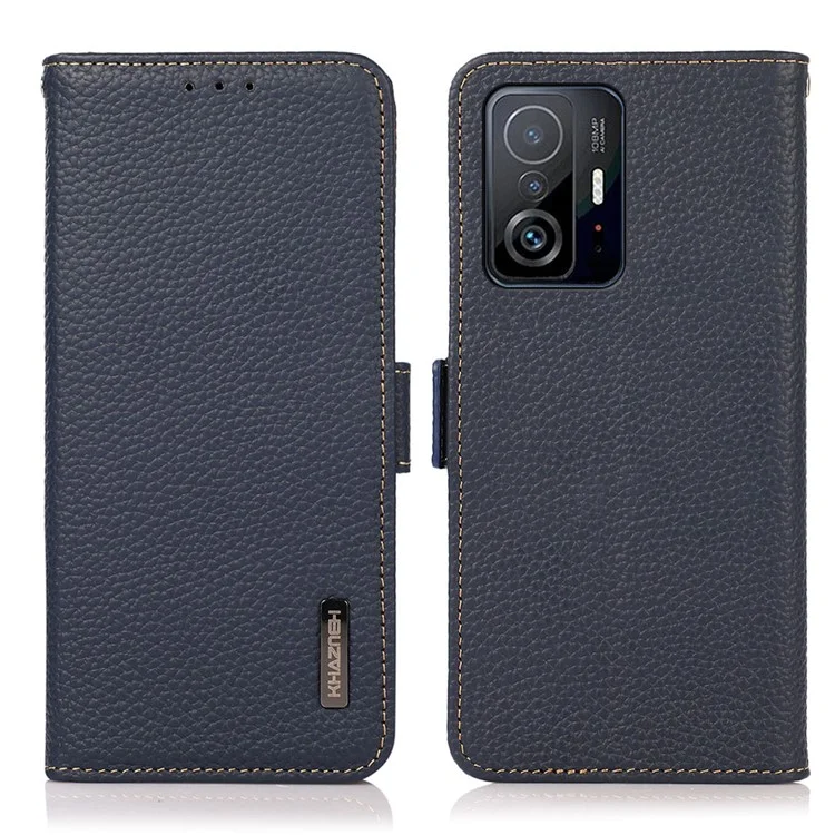 KHAZNEH Litchi Texture Viewing Stand Genuine Leather RFID Blocking Anti-theft Swiping Flip Folio Wallet Case for Xiaomi 11T / 11T Pro - Blue