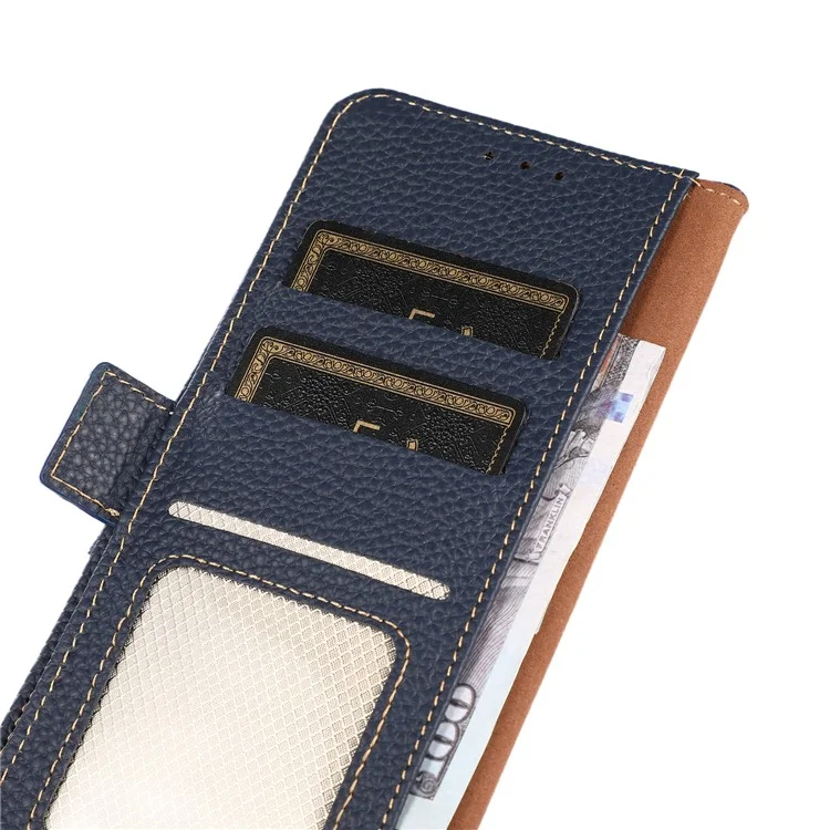 KHAZNEH Litchi Texture Viewing Stand Genuine Leather RFID Blocking Anti-theft Swiping Flip Folio Wallet Case for Xiaomi 11T / 11T Pro - Blue