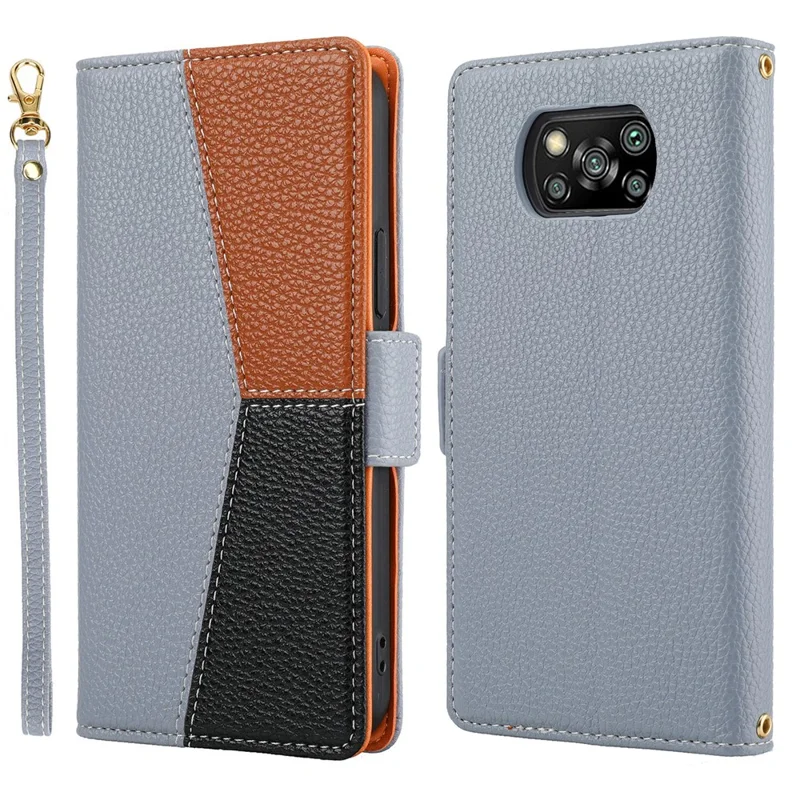 Splicing Design Litchi Texture Leather Shockproof Wallet Stand Flip Cover with Strap for Xiaomi Poco X3 NFC / Poco X3 / Poco X3 Pro - Grey