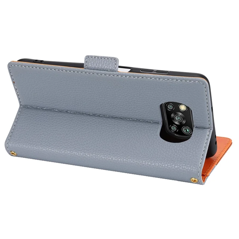 Splicing Design Litchi Texture Leather Shockproof Wallet Stand Flip Cover with Strap for Xiaomi Poco X3 NFC / Poco X3 / Poco X3 Pro - Grey