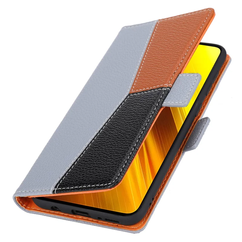 Splicing Design Litchi Texture Leather Shockproof Wallet Stand Flip Cover with Strap for Xiaomi Poco X3 NFC / Poco X3 / Poco X3 Pro - Grey