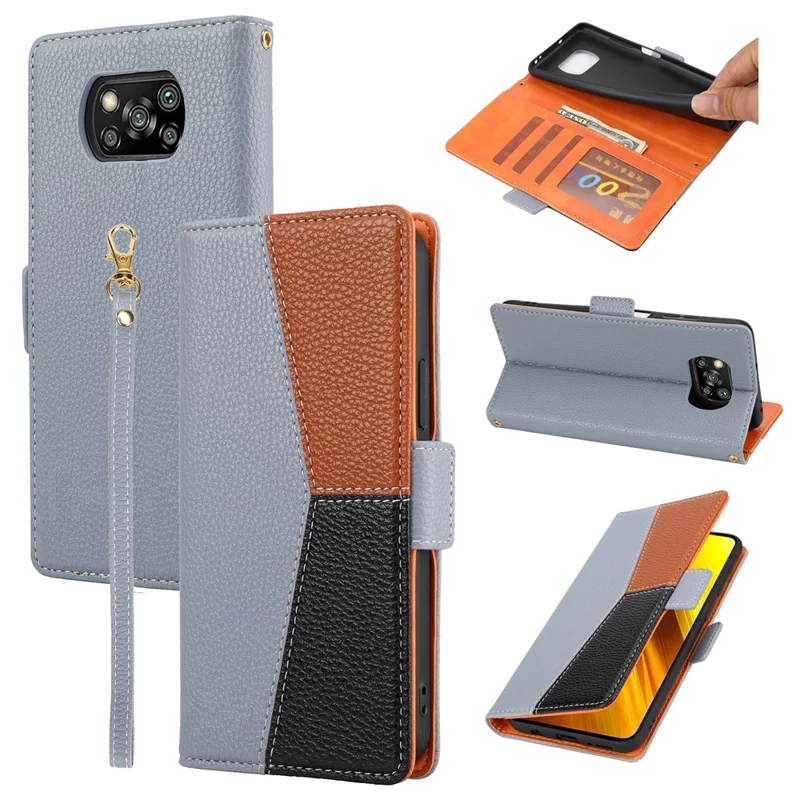 Splicing Design Litchi Texture Leather Shockproof Wallet Stand Flip Cover with Strap for Xiaomi Poco X3 NFC / Poco X3 / Poco X3 Pro - Grey