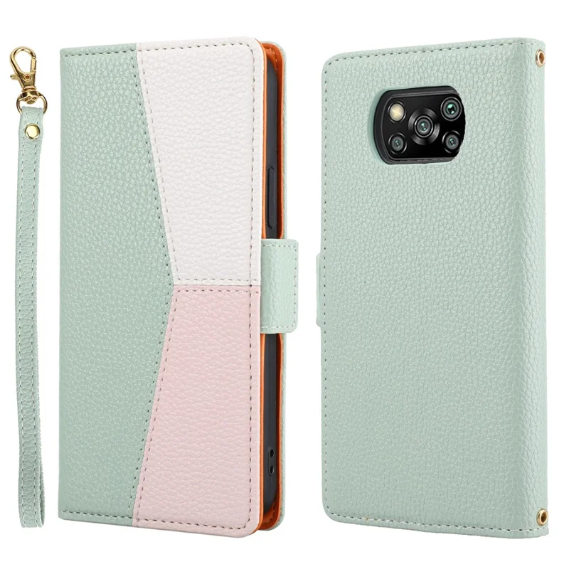 Splicing Design Litchi Texture Leather Shockproof Wallet Stand Flip Cover with Strap for Xiaomi Poco X3 NFC / Poco X3 / Poco X3 Pro - Green