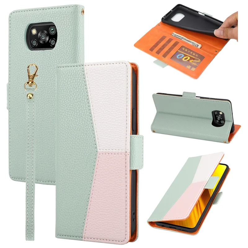 Splicing Design Litchi Texture Leather Shockproof Wallet Stand Flip Cover with Strap for Xiaomi Poco X3 NFC / Poco X3 / Poco X3 Pro - Green