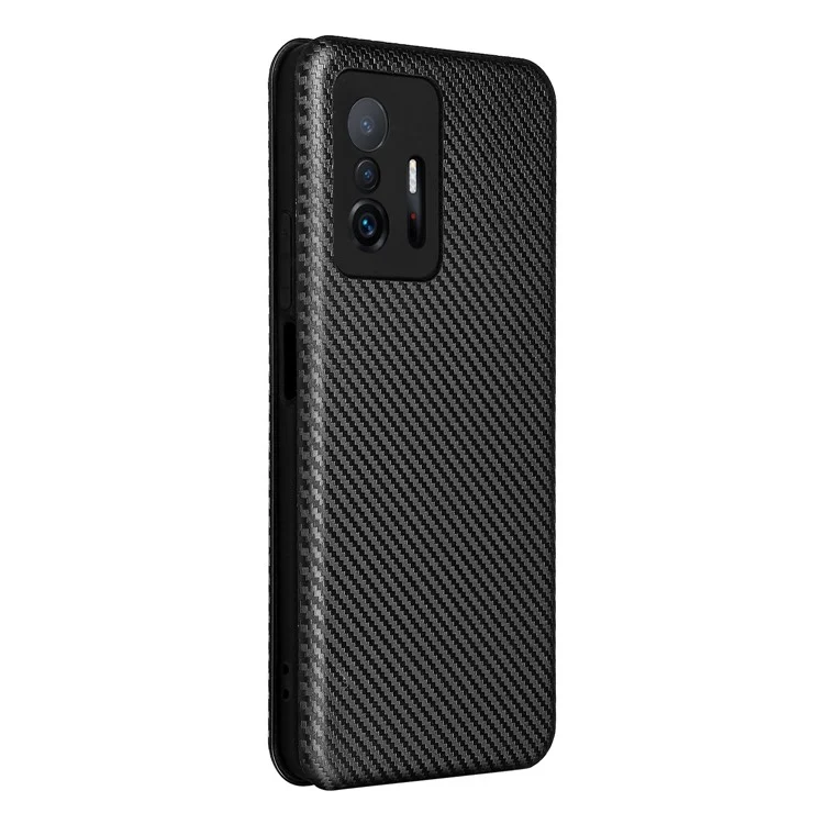 Carbon Fiber Texture Precise Cutout Auto-absorbed Anti-Drop Leather Phone Case Cover with Card Slot for Xiaomi 11T/11T Pro - Black