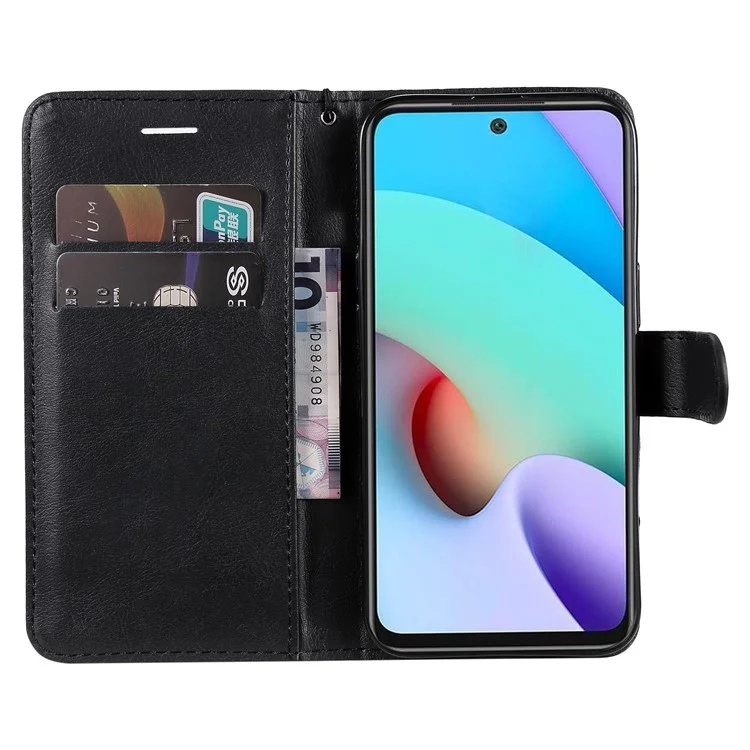 Кожаная серия KT-2 для Xiaomi Redmi 10 4G (2021)/Redmi 10 Prime/Redmi 10 2022 4G/Redmi Note 11 4G (MediaTek) Магнитный кожаный кошелек Case Stand Ударопрочный Folio Flip Защитный чехол со шлейфом - Черный