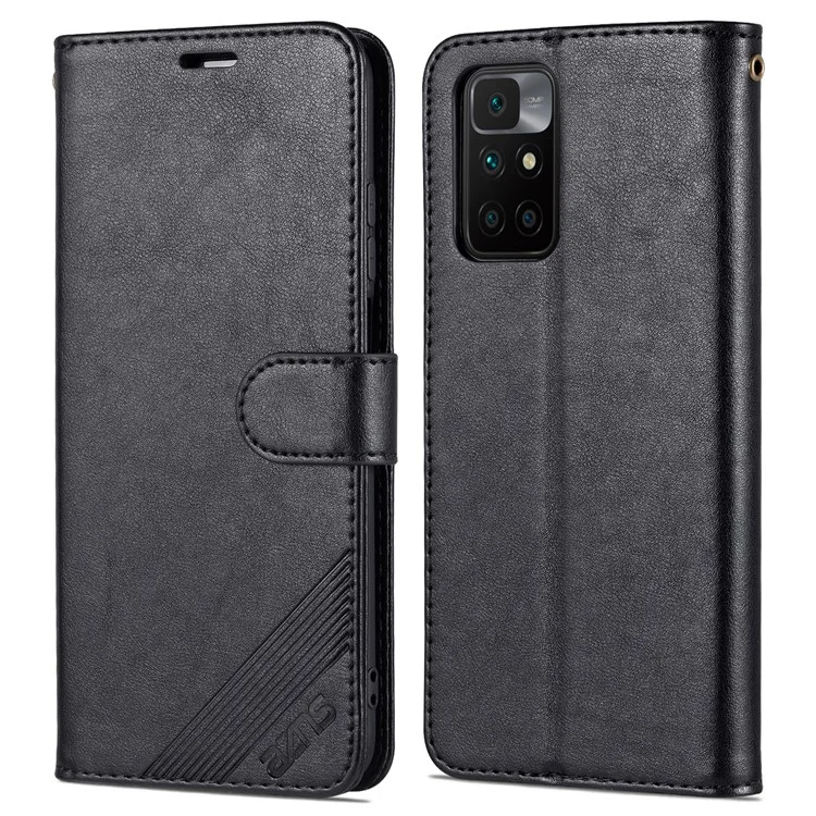 AZNS for Xiaomi Redmi 10 4G (2021)/Redmi 10 Prime/Redmi 10 2022 4G/Redmi Note 11 4G (MediaTek) PU Leather Anti-Drop Dual-Sided Magnetic Clasp Wallet Holder Design Phone Case - Black