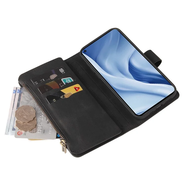 For Xiaomi Mi 11 Lite 4G / 5G / 11 Lite 5G NE Zipper Wallet Case with 15 Card Slots and Strap Leather Phone Cover - Black
