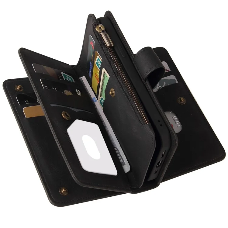 For Xiaomi Mi 11 Lite 4G / 5G / 11 Lite 5G NE Zipper Wallet Case with 15 Card Slots and Strap Leather Phone Cover - Black