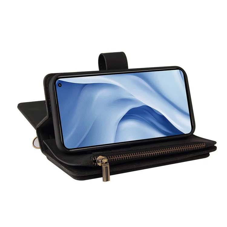 For Xiaomi Mi 11 Lite 4G / 5G / 11 Lite 5G NE Zipper Wallet Case with 15 Card Slots and Strap Leather Phone Cover - Black