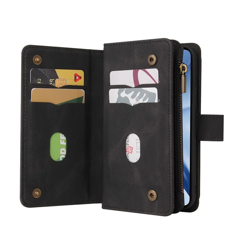 For Xiaomi Mi 11 Lite 4G / 5G / 11 Lite 5G NE Zipper Wallet Case with 15 Card Slots and Strap Leather Phone Cover - Black