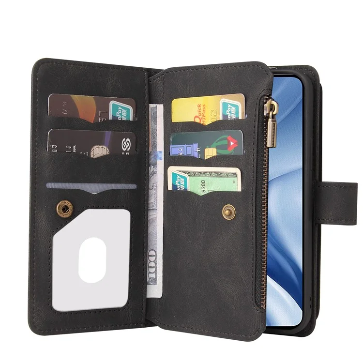 For Xiaomi Mi 11 Lite 4G / 5G / 11 Lite 5G NE Zipper Wallet Case with 15 Card Slots and Strap Leather Phone Cover - Black