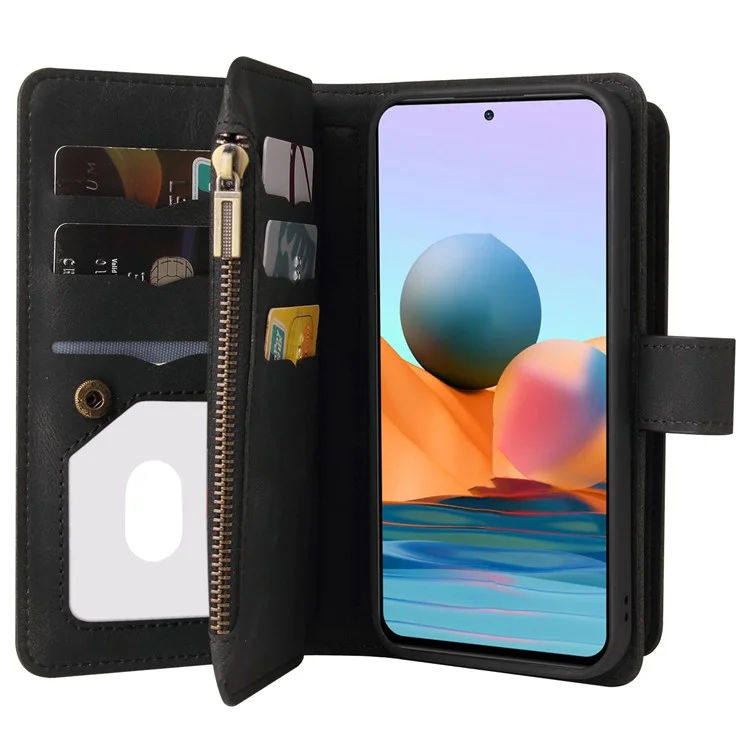 Для Xiaomi Redmi Note 10 Pro 4G (Global)/(India) Buckle Design KT Multi-functional Series-2 Multiple Card Slots Shock-Absorbed TPU Inner Shell Phone Stand Case with Wrist Strap and Zipper Pocket - Black