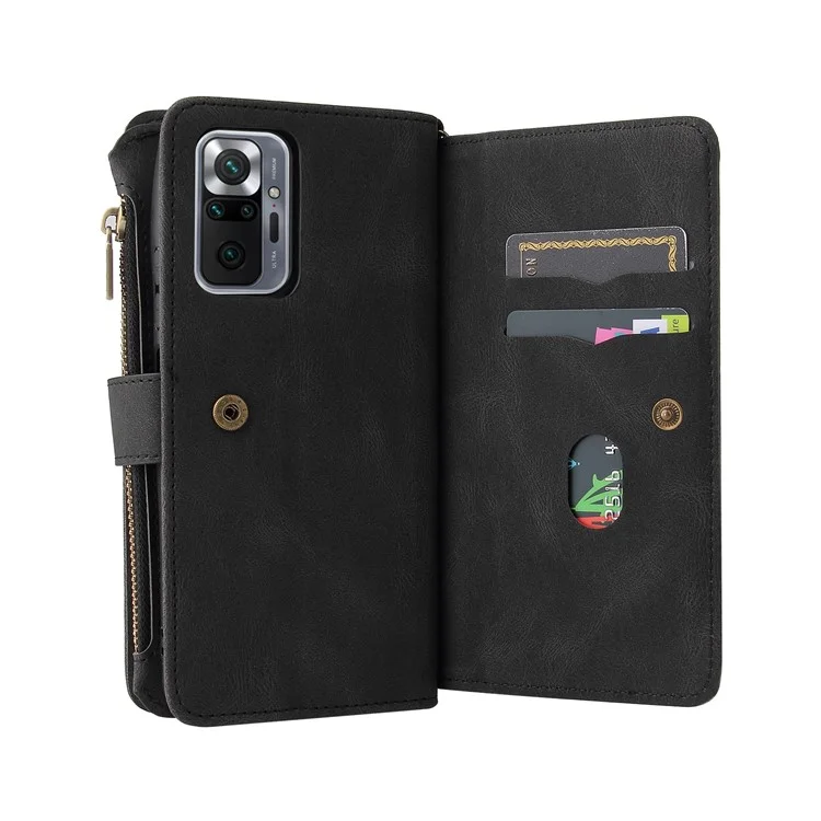 Для Xiaomi Redmi Note 10 Pro 4G (Global)/(India) Buckle Design KT Multi-functional Series-2 Multiple Card Slots Shock-Absorbed TPU Inner Shell Phone Stand Case with Wrist Strap and Zipper Pocket - Black