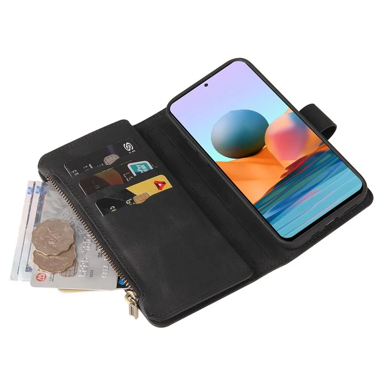 Для Xiaomi Redmi Note 10 Pro 4G (Global)/(India) Buckle Design KT Multi-functional Series-2 Multiple Card Slots Shock-Absorbed TPU Inner Shell Phone Stand Case with Wrist Strap and Zipper Pocket - Black