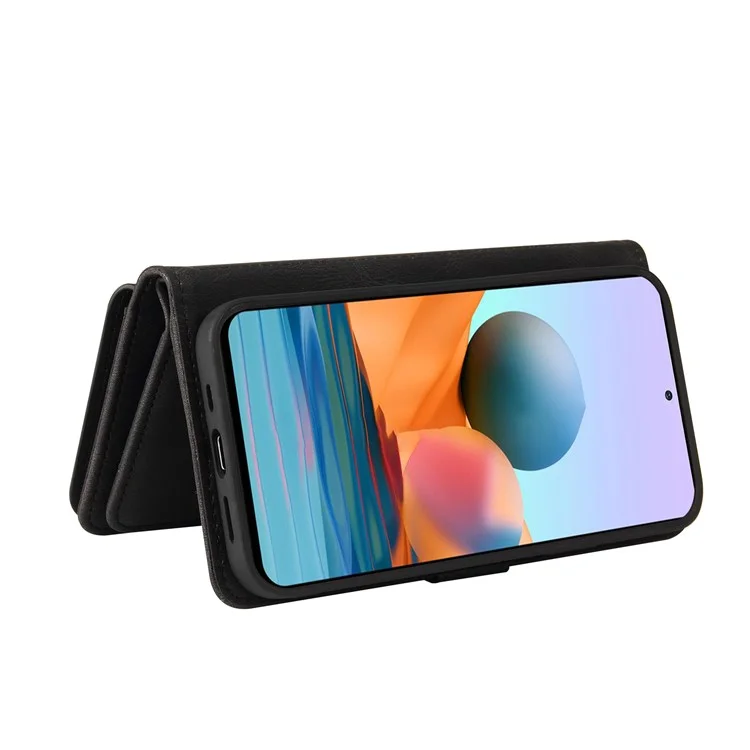 Для Xiaomi Redmi Note 10 Pro 4G (Global)/(India) Buckle Design KT Multi-functional Series-2 Multiple Card Slots Shock-Absorbed TPU Inner Shell Phone Stand Case with Wrist Strap and Zipper Pocket - Black
