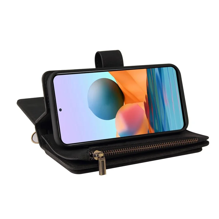 Для Xiaomi Redmi Note 10 Pro 4G (Global)/(India) Buckle Design KT Multi-functional Series-2 Multiple Card Slots Shock-Absorbed TPU Inner Shell Phone Stand Case with Wrist Strap and Zipper Pocket - Black