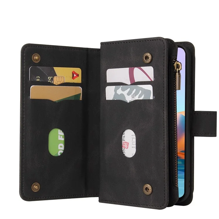 Для Xiaomi Redmi Note 10 Pro 4G (Global)/(India) Buckle Design KT Multi-functional Series-2 Multiple Card Slots Shock-Absorbed TPU Inner Shell Phone Stand Case with Wrist Strap and Zipper Pocket - Black