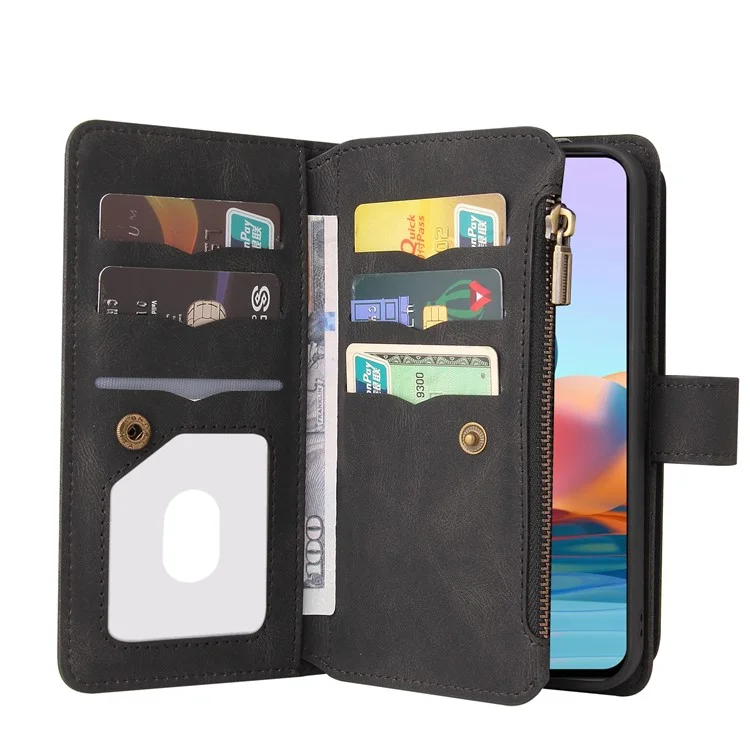 Для Xiaomi Redmi Note 10 Pro 4G (Global)/(India) Buckle Design KT Multi-functional Series-2 Multiple Card Slots Shock-Absorbed TPU Inner Shell Phone Stand Case with Wrist Strap and Zipper Pocket - Black