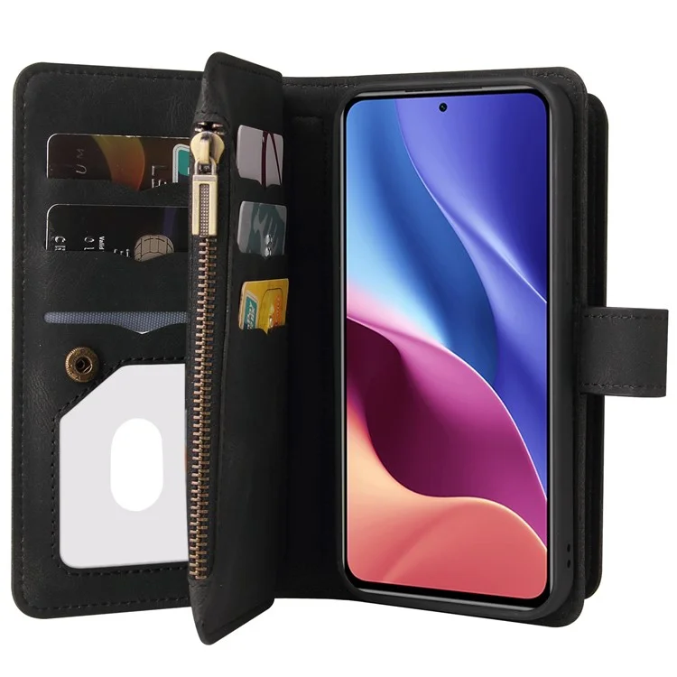 Pour Xiaomi Redmi K40/K40 Pro/Mi 11i/Poco F3 Boucle Design KT Série multifonctionnelle-2 Fentes pour cartes multiples Coque téléphone en TPU avec support et poche à fermeture éclair - Noir