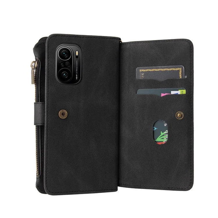 Pour Xiaomi Redmi K40/K40 Pro/Mi 11i/Poco F3 Boucle Design KT Série multifonctionnelle-2 Fentes pour cartes multiples Coque téléphone en TPU avec support et poche à fermeture éclair - Noir