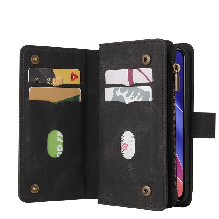 Pour Xiaomi Redmi K40/K40 Pro/Mi 11i/Poco F3 Boucle Design KT Série multifonctionnelle-2 Fentes pour cartes multiples Coque téléphone en TPU avec support et poche à fermeture éclair - Noir