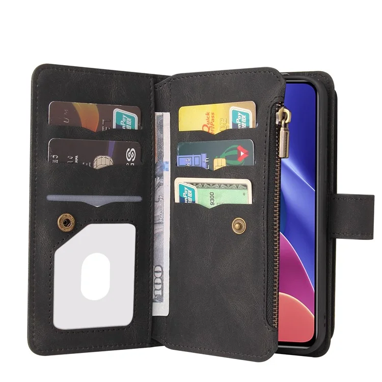 Pour Xiaomi Redmi K40/K40 Pro/Mi 11i/Poco F3 Boucle Design KT Série multifonctionnelle-2 Fentes pour cartes multiples Coque téléphone en TPU avec support et poche à fermeture éclair - Noir