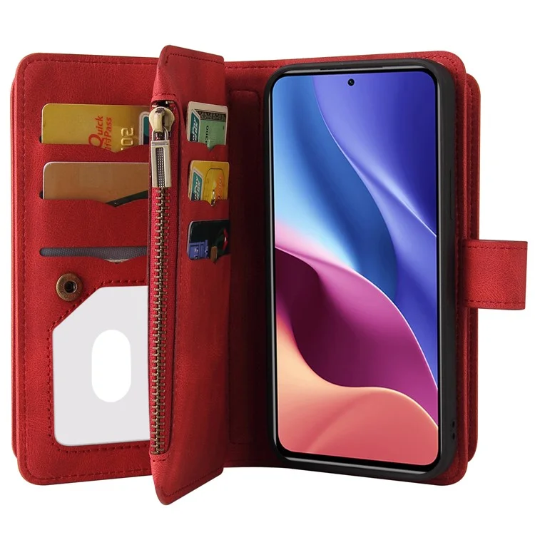 Para Xiaomi Redmi K40/K40 Pro/Mi 11i/Poco F3 Projeto de Fivela KT Multifuncional 2 Slots de Cartão Múltipla de Cartão TPU Caixa de Telefone de Concha Interna Com Pulseira de Pulso e Bolso Com Zíper - Vermelho