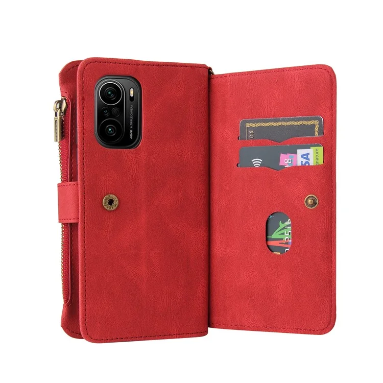 Para Xiaomi Redmi K40/K40 Pro/Mi 11i/Poco F3 Projeto de Fivela KT Multifuncional 2 Slots de Cartão Múltipla de Cartão TPU Caixa de Telefone de Concha Interna Com Pulseira de Pulso e Bolso Com Zíper - Vermelho