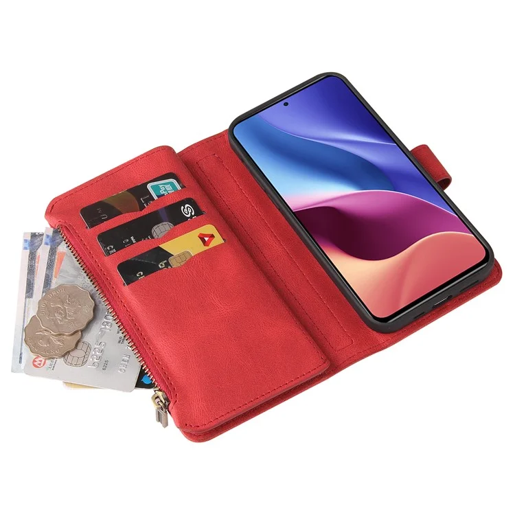 Para Xiaomi Redmi K40/K40 Pro/Mi 11i/Poco F3 Projeto de Fivela KT Multifuncional 2 Slots de Cartão Múltipla de Cartão TPU Caixa de Telefone de Concha Interna Com Pulseira de Pulso e Bolso Com Zíper - Vermelho