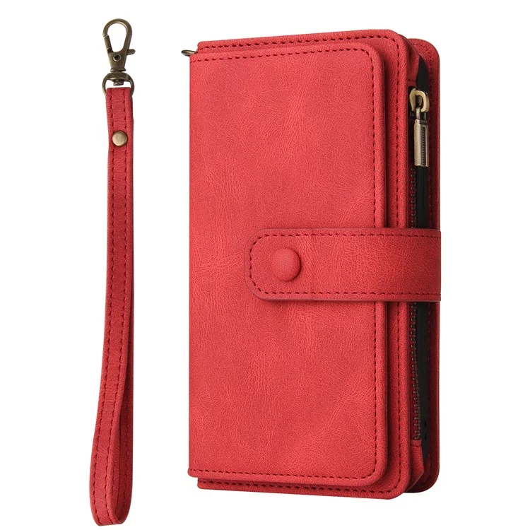Para Xiaomi Redmi K40/K40 Pro/Mi 11i/Poco F3 Projeto de Fivela KT Multifuncional 2 Slots de Cartão Múltipla de Cartão TPU Caixa de Telefone de Concha Interna Com Pulseira de Pulso e Bolso Com Zíper - Vermelho