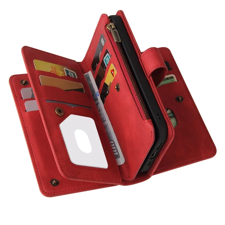 Para Xiaomi Redmi K40/K40 Pro/Mi 11i/Poco F3 Projeto de Fivela KT Multifuncional 2 Slots de Cartão Múltipla de Cartão TPU Caixa de Telefone de Concha Interna Com Pulseira de Pulso e Bolso Com Zíper - Vermelho