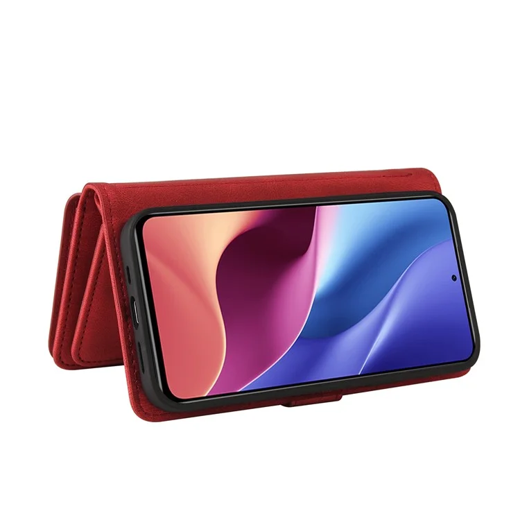 Para Xiaomi Redmi K40/K40 Pro/Mi 11i/Poco F3 Projeto de Fivela KT Multifuncional 2 Slots de Cartão Múltipla de Cartão TPU Caixa de Telefone de Concha Interna Com Pulseira de Pulso e Bolso Com Zíper - Vermelho