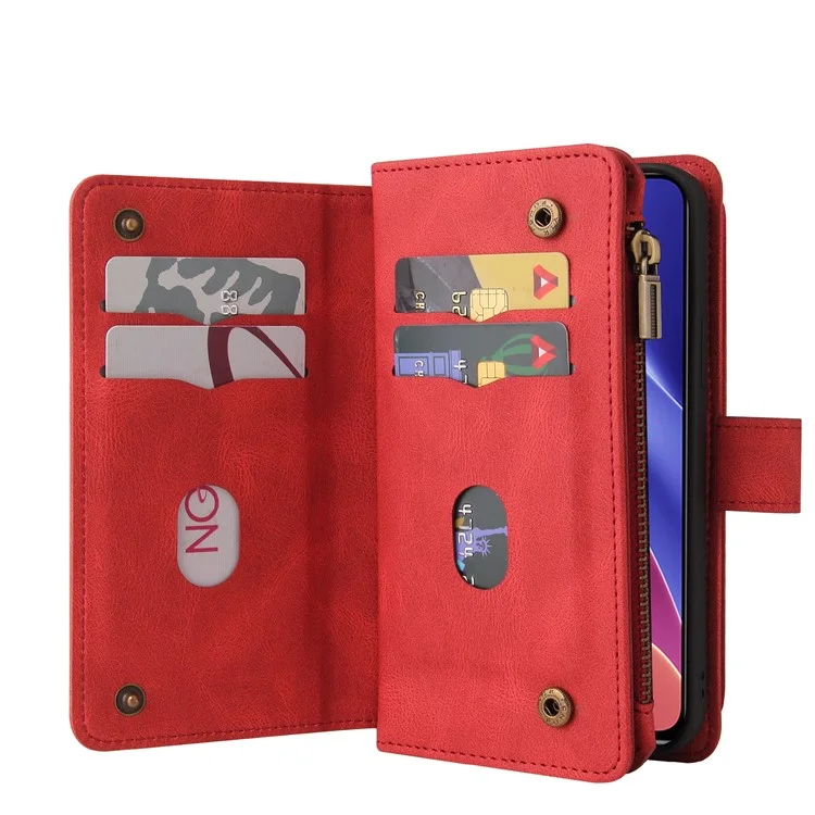 Para Xiaomi Redmi K40/K40 Pro/Mi 11i/Poco F3 Projeto de Fivela KT Multifuncional 2 Slots de Cartão Múltipla de Cartão TPU Caixa de Telefone de Concha Interna Com Pulseira de Pulso e Bolso Com Zíper - Vermelho