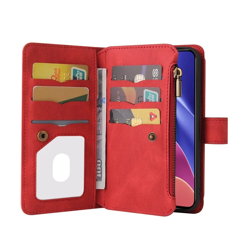 Para Xiaomi Redmi K40/K40 Pro/Mi 11i/Poco F3 Projeto de Fivela KT Multifuncional 2 Slots de Cartão Múltipla de Cartão TPU Caixa de Telefone de Concha Interna Com Pulseira de Pulso e Bolso Com Zíper - Vermelho