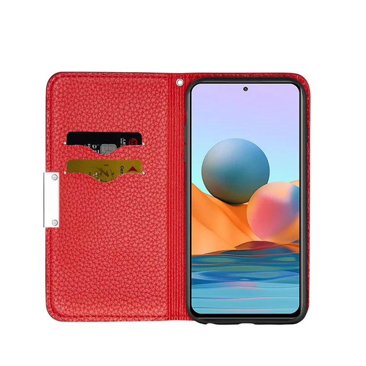 Retro Stile Litchi Texture Metallo Chiusura Magnetica Custodia In Pelle Slots Slots Copertura Del Guscio Per Xiaomi Redmi Nota 10 Pro 4G (India) / 4G (Global) - Rosso