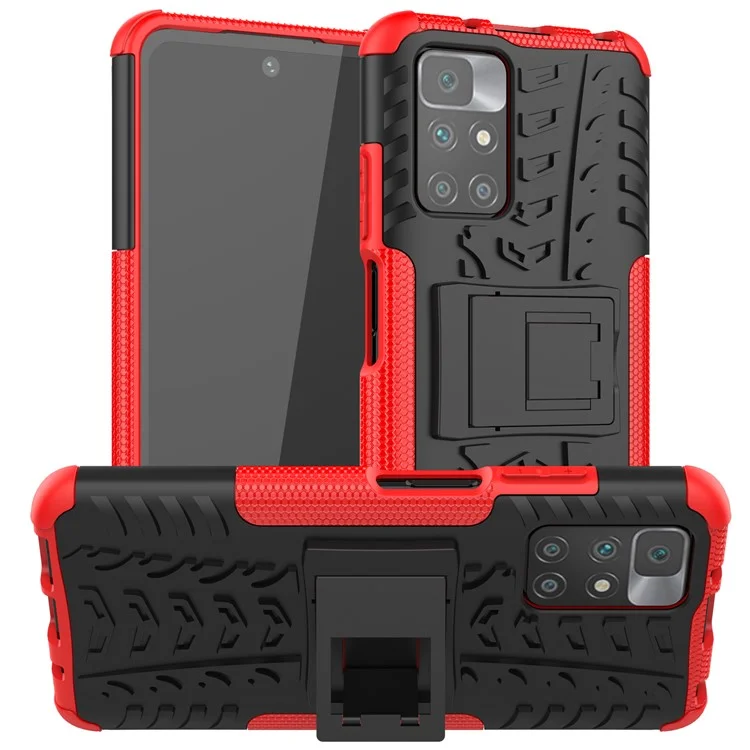 Für Xiaomi Redmi 10 4G (2021)/Redmi 10 2022 4G/Redmi Anmerkung 11 4G (MediaTek) Ganzkörperschutzreifen Textur Soft TPU + Hart -pc -stoßdämpfungsfall Mit Kickstand - Rot