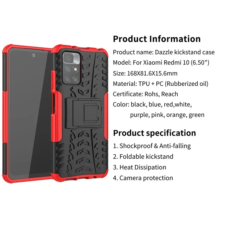 Para Xiaomi Redmi 10 4G (2021)/Redmi 10 2022 4G/Redmi Nota 11 4G (MediaTek) Textura de Pneu de Proteção Corpo Inteira Textime - Vermelho