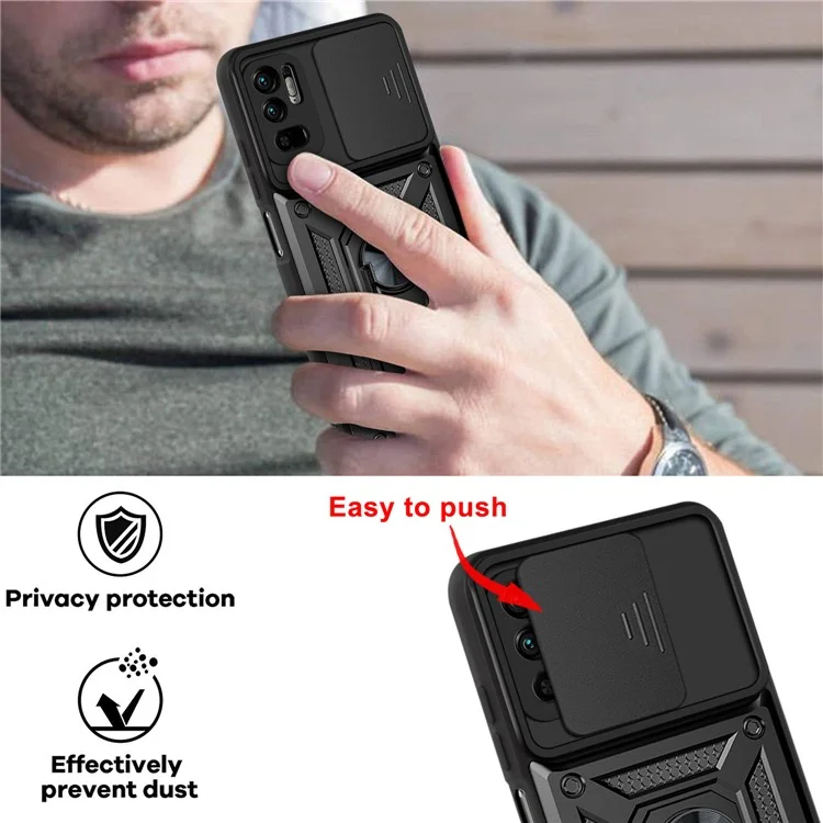 Kickstand PC + Custodia per telefono in TPU antiurto e anti graffio con copertura scorrevole per fotocamera per Xiaomi Redmi Note 10 5G/Note 10T 5G /Poco M3 Pro 4G/5G - Nero