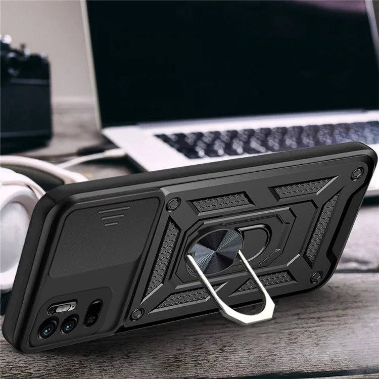 Kickstand PC + Custodia per telefono in TPU antiurto e anti graffio con copertura scorrevole per fotocamera per Xiaomi Redmi Note 10 5G/Note 10T 5G /Poco M3 Pro 4G/5G - Nero