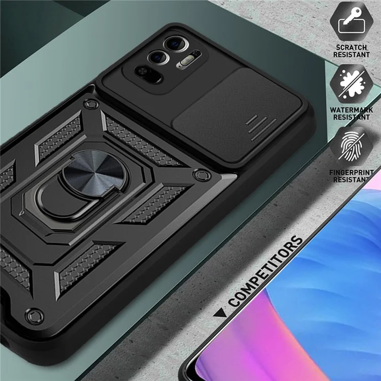 Kickstand PC + Custodia per telefono in TPU antiurto e anti graffio con copertura scorrevole per fotocamera per Xiaomi Redmi Note 10 5G/Note 10T 5G /Poco M3 Pro 4G/5G - Nero