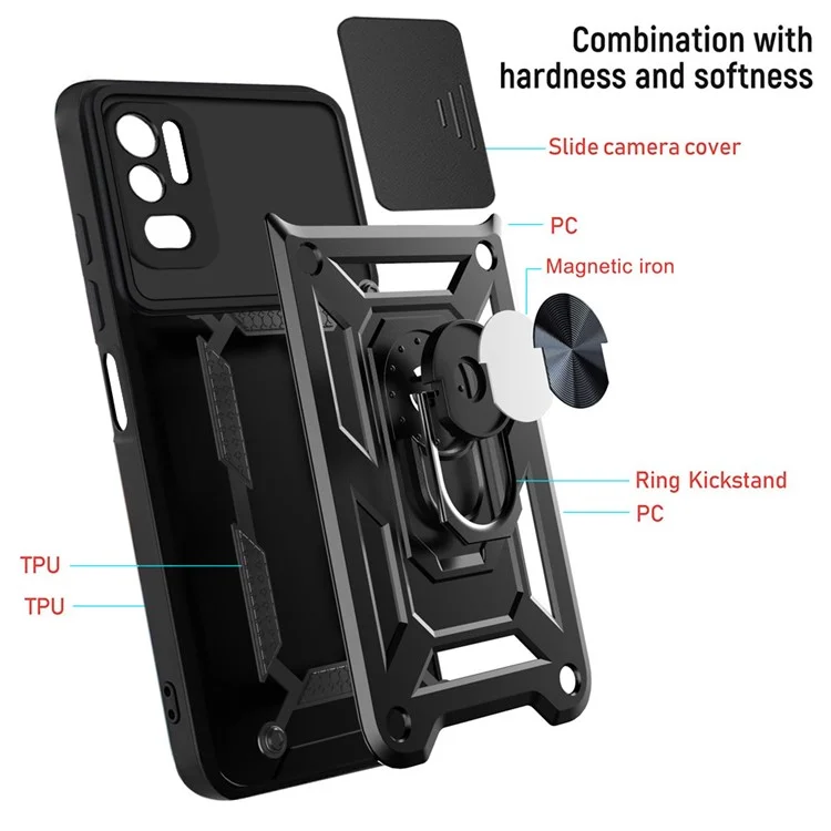 Kickstand PC + Custodia per telefono in TPU antiurto e anti graffio con copertura scorrevole per fotocamera per Xiaomi Redmi Note 10 5G/Note 10T 5G /Poco M3 Pro 4G/5G - Nero