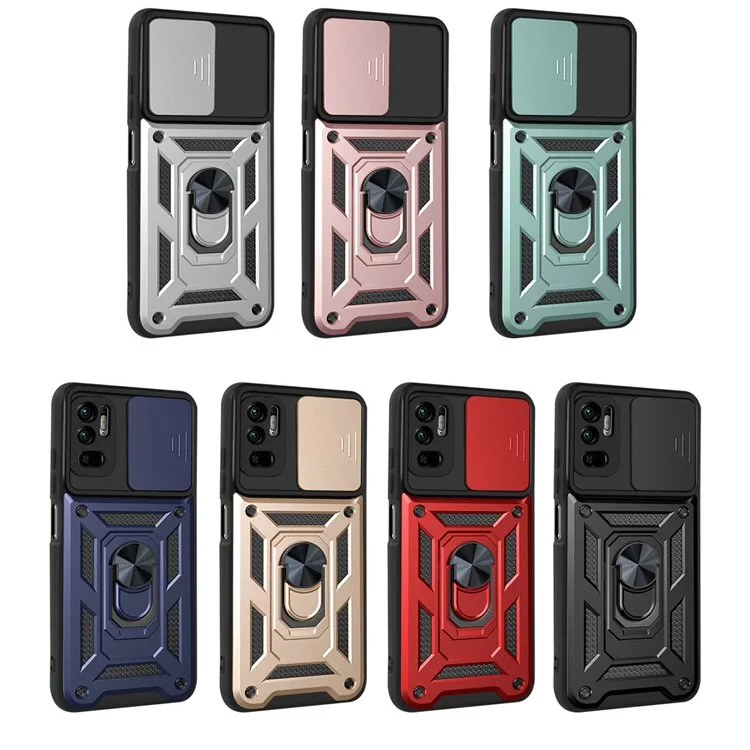 Kickstand PC + Custodia per telefono in TPU antiurto e anti graffio con copertura scorrevole per fotocamera per Xiaomi Redmi Note 10 5G/Note 10T 5G /Poco M3 Pro 4G/5G - Nero