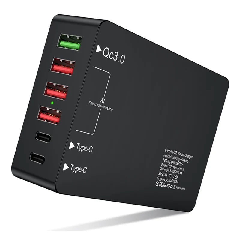 6 Ports Dual Type-C+QC3.0 Phone Tablet Wall Charger Fast Charging Power Adapter - US Plug