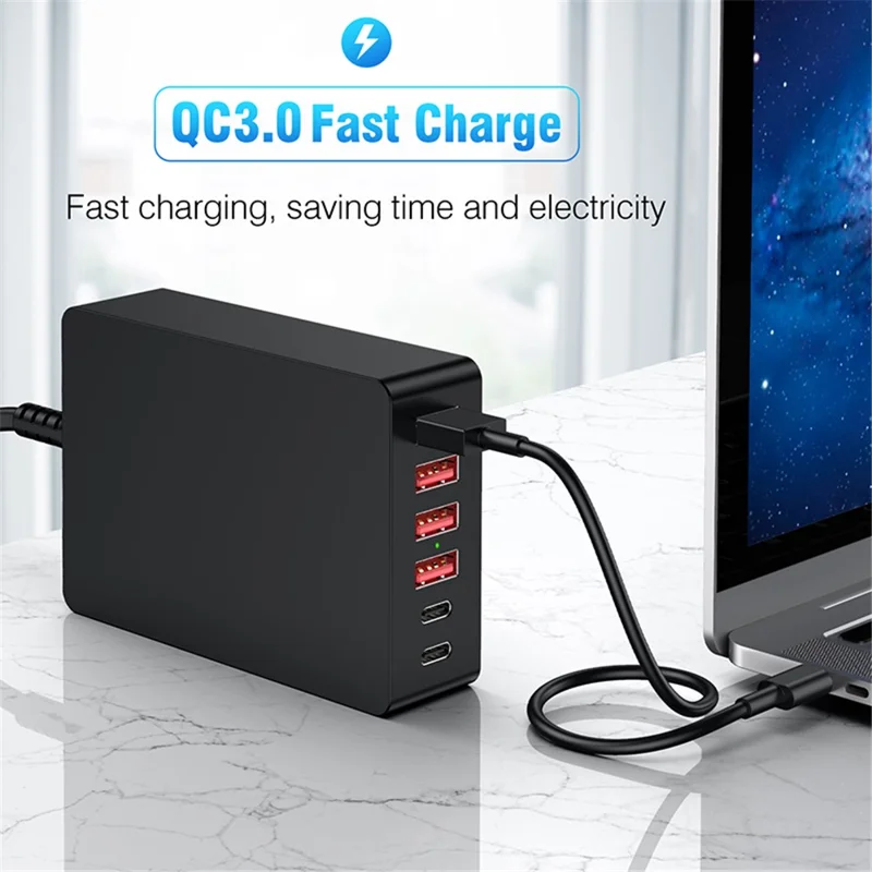 6 Ports Dual Type-C+QC3.0 Phone Tablet Wall Charger Fast Charging Power Adapter - US Plug