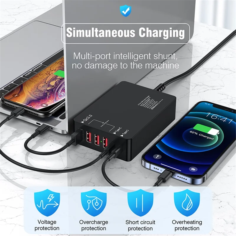6 Ports Dual Type-C+QC3.0 Phone Tablet Wall Charger Fast Charging Power Adapter - US Plug
