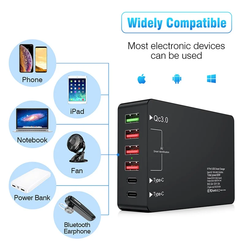 6 Ports Dual Type-C+QC3.0 Phone Tablet Wall Charger Fast Charging Power Adapter - US Plug