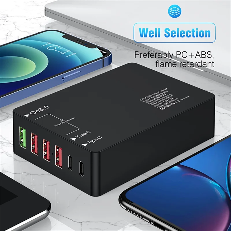 6 Ports Dual Type-C+QC3.0 Phone Tablet Wall Charger Fast Charging Power Adapter - US Plug