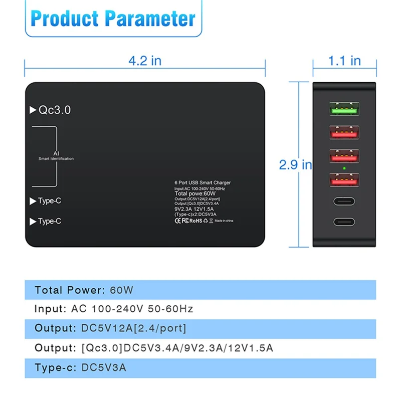 6 Ports Dual Type-C+QC3.0 Phone Tablet Wall Charger Fast Charging Power Adapter - US Plug